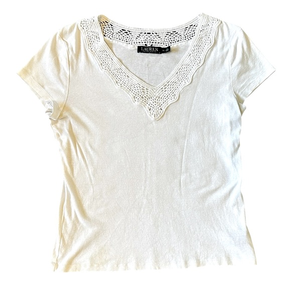 LAUREN Ralph Lauren white crocheted v-neck cap sleeve T-shirt size XL - Picture 1 of 5